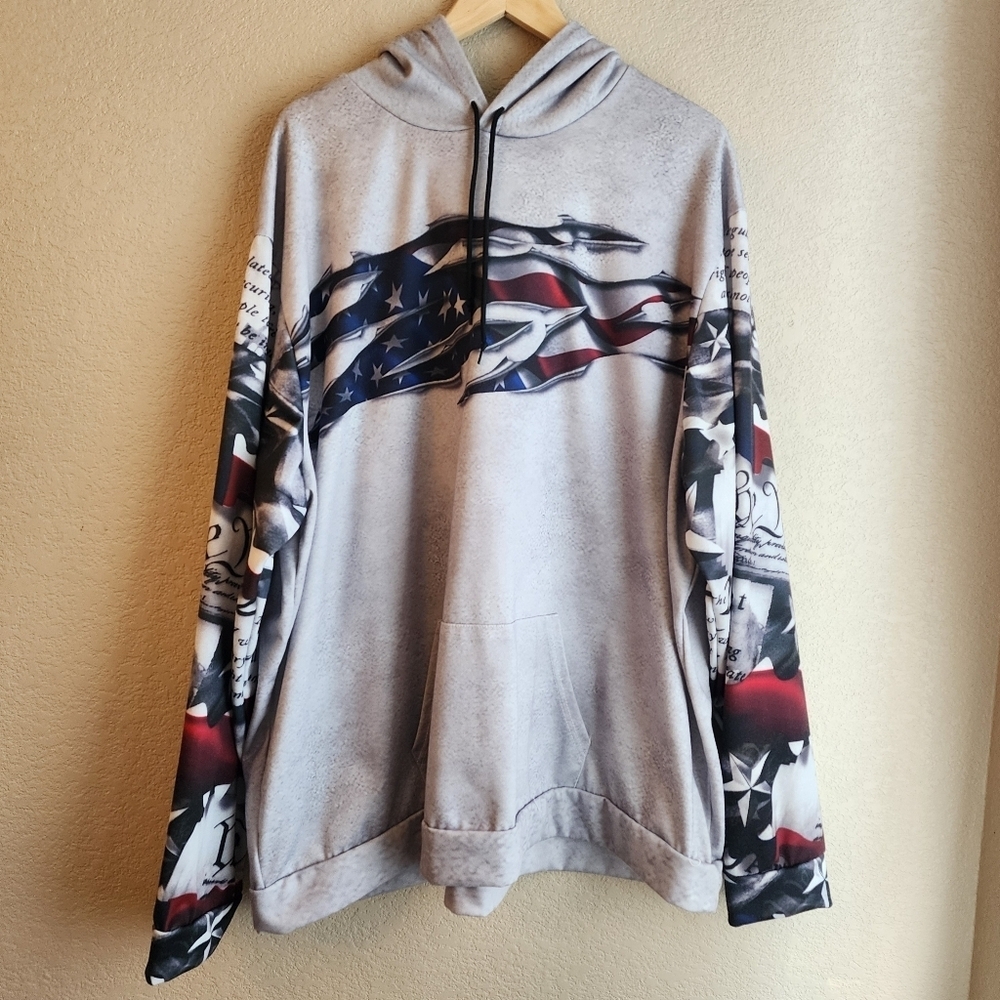 American Flag Graphic Grey Hooded Sweatshirt Size 3XL - Picture 2 of 12